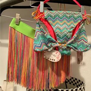 $250 NWT Beach Bunny Astropop Bikini Scrunch Butt w Fringe Coverup Skirt